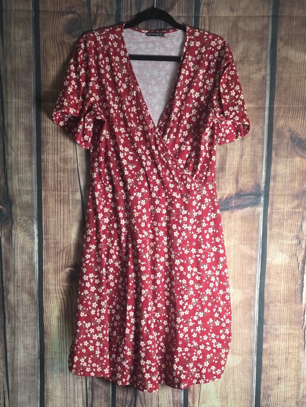 Fensace XL Red Floral Wrap Dress with V-Neck